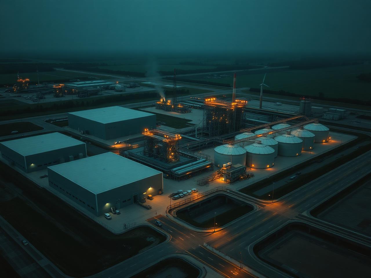 Aerial view of a modern energy facility at dusk